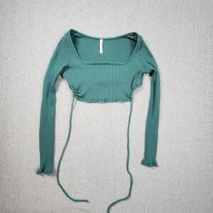 GLARE Ribbed Crop Top Womens S Green Excellent Square Neck Cinch Side Tie Long